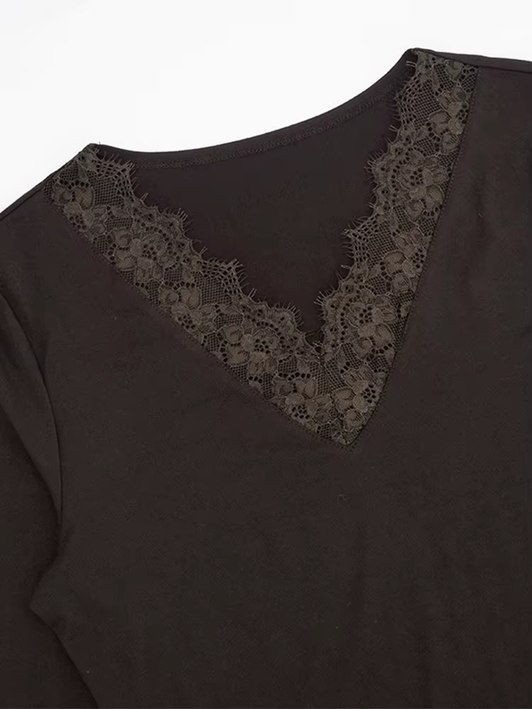 T-shirt à manches longues en dentelle à col en V pour femmes
