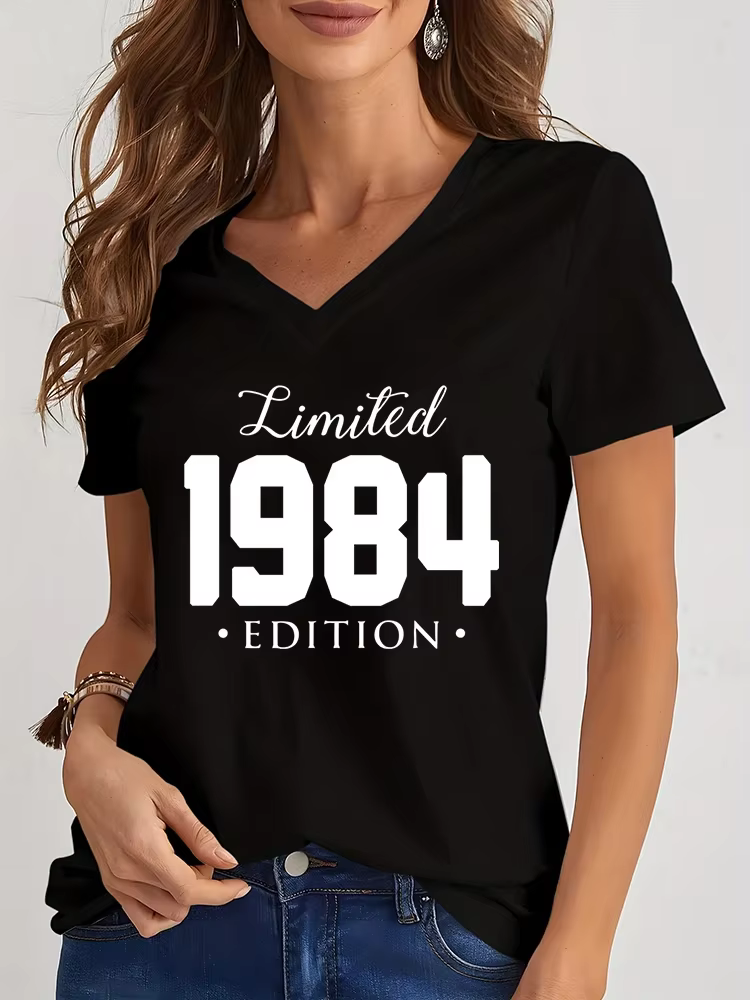 Femmes col en V t-shirt édition limitée 1984/1985 graphique t-shirt femmes anniversaire Y2k haut drôle Vintage femmes surdimensionné t-shirt