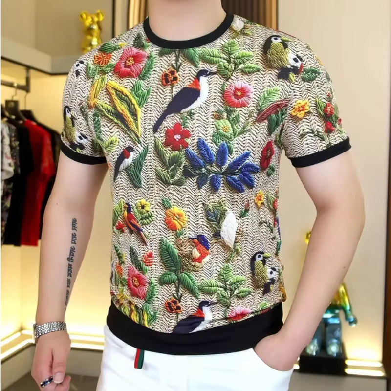 2025 été nid d'abeille maille à manches courtes T-shirt hommes rétro imprimé col rond