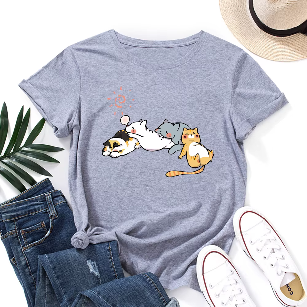 100% coton femmes T-shirt dormir chat imprimé graphique t-shirts amples chemise à manches courtes femme