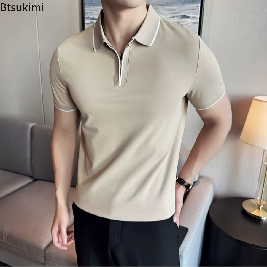 Hommes Polo été léger mince Style britannique solide décontracté coupe ajustée à manches courtes haut T-shirt mode