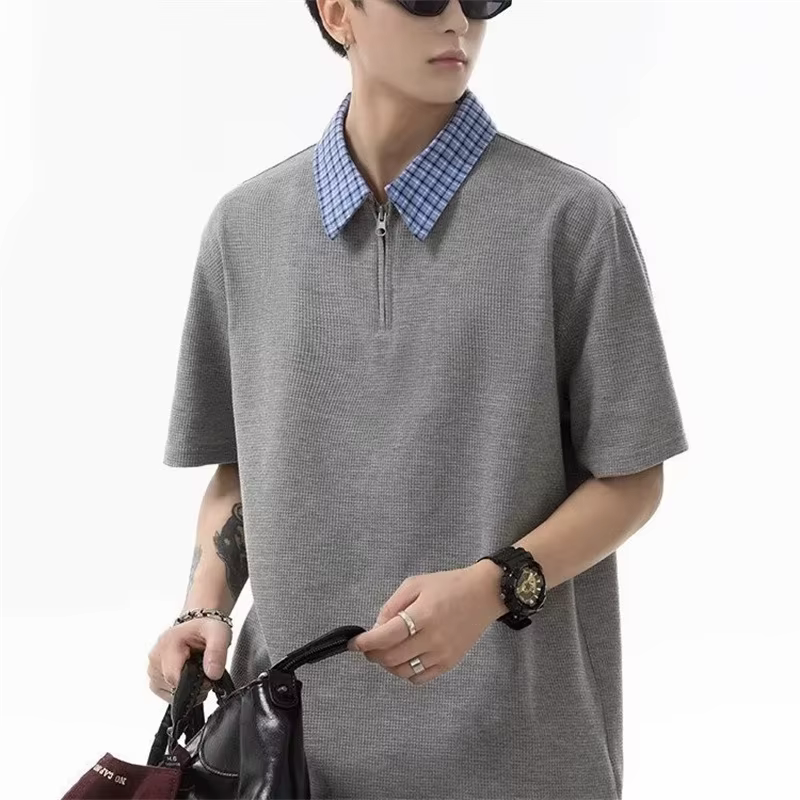 Chemises polo à col à carreaux demi-zippées rétro américaines pour hommes