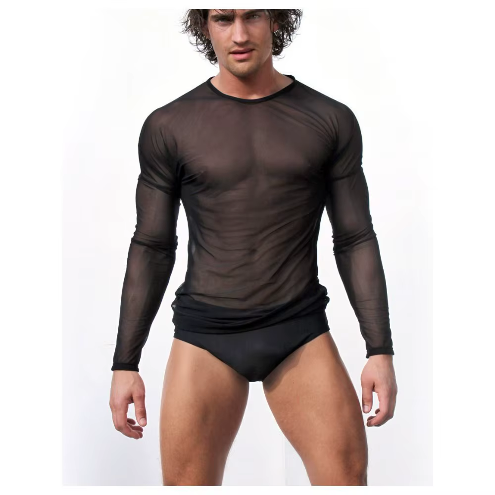 T-shirt à manches longues en filet de pêche en dentelle pour hommes