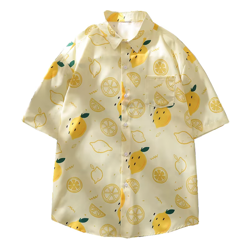 Plage demi manches chemise hommes été nouveau japonais rétro décontracté ample citron imprimé revers manteaux populaire polyvalent femmes mince hauts