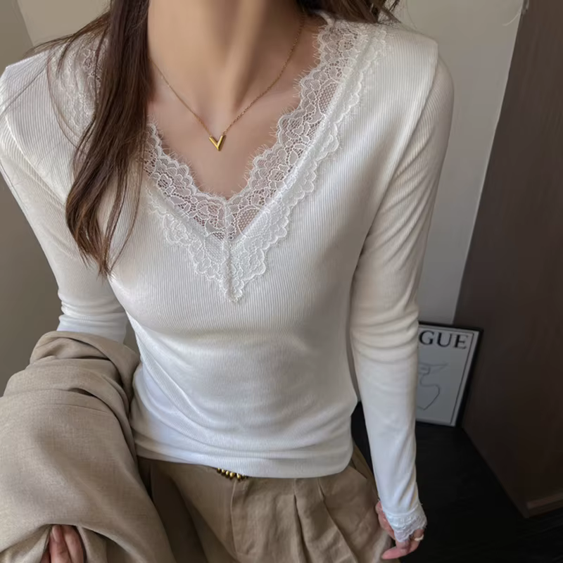 T-shirt à manches longues en dentelle blanche pour femme
