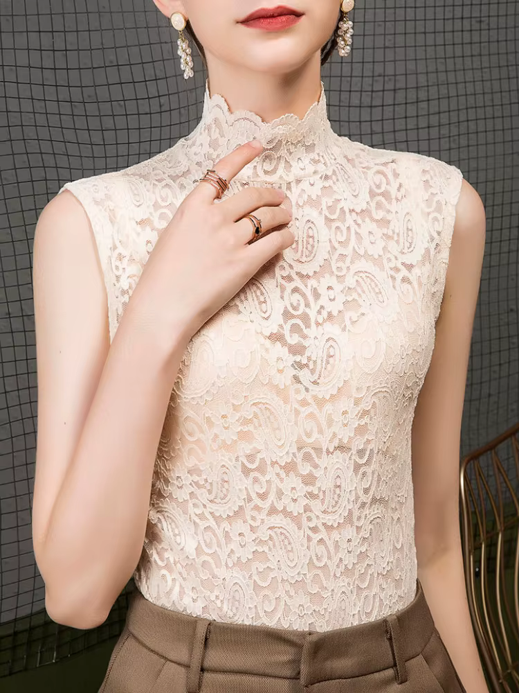 Chemise en dentelle à col roulé pour femmes