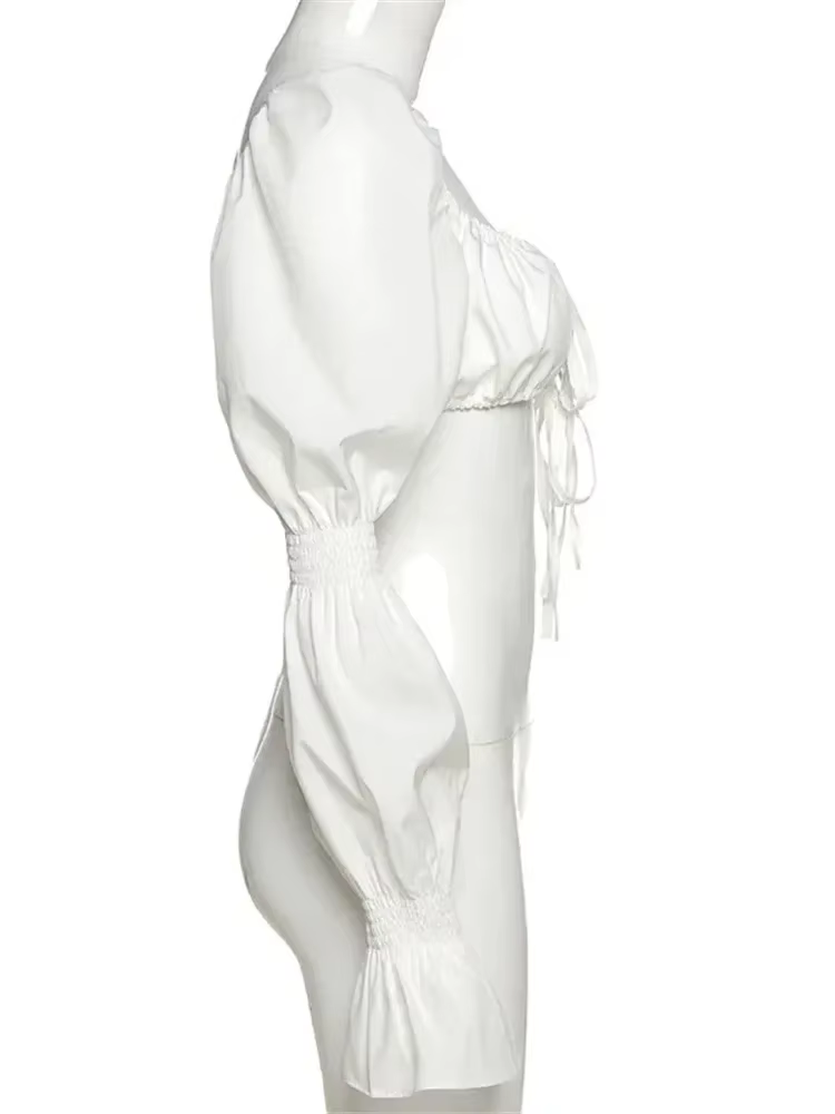 Hauts et chemisiers blancs pour femmes, manches longues bouffantes, col carré, crop tops à nouer, chemises vintage élégantes et sexy pour l'automne