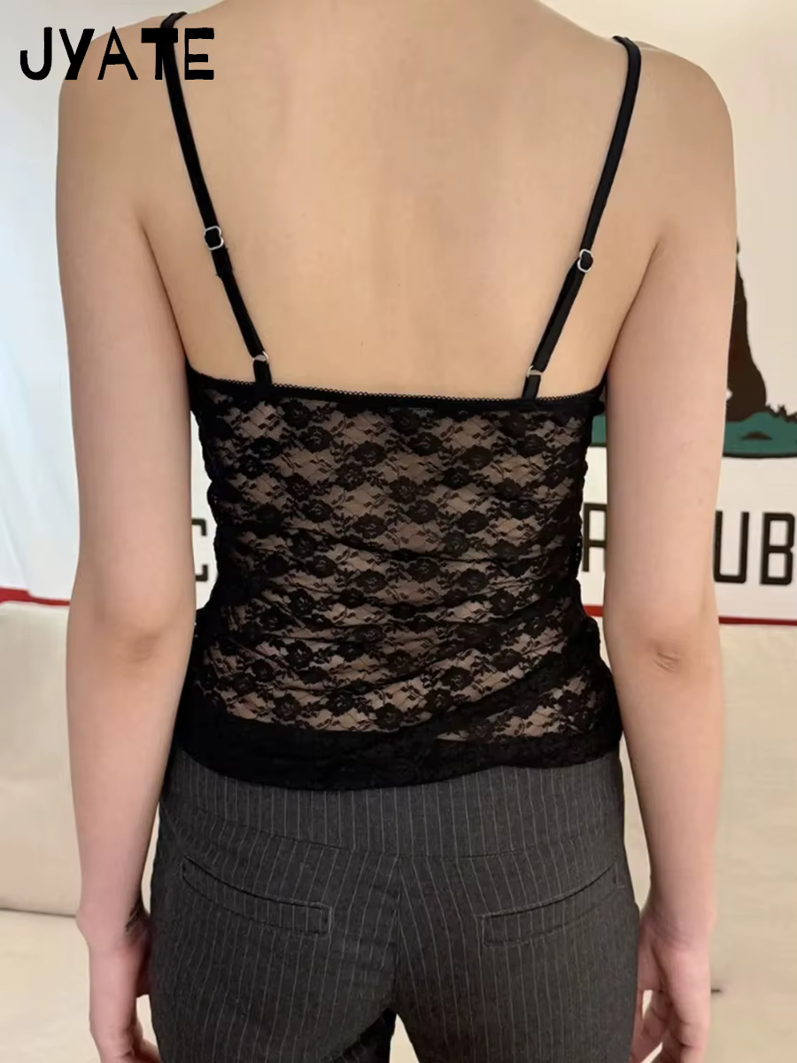 Débardeur transparent noir en dentelle avec nœud pour femme