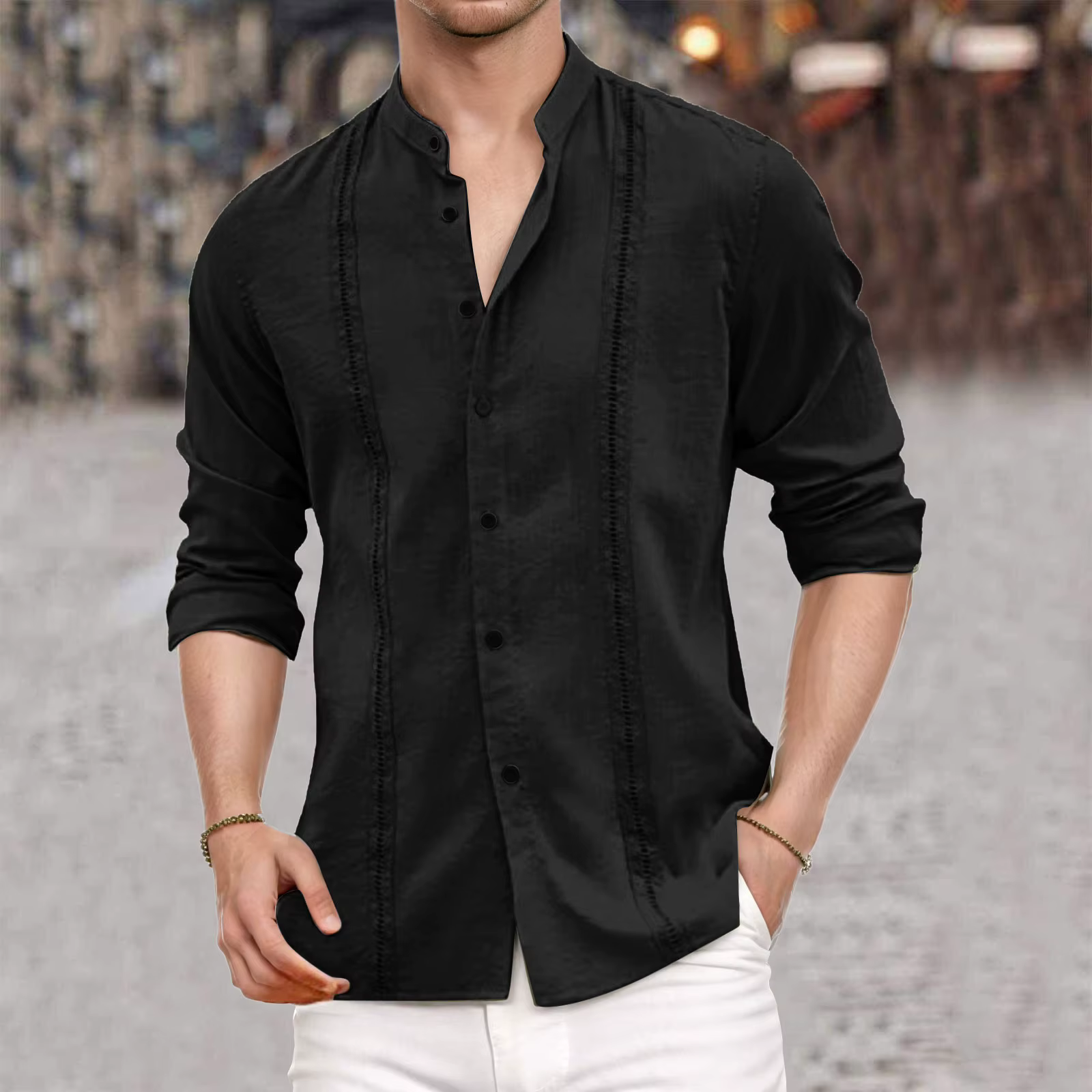 Chemises cubaines vintage pour hommes, mode printemps-automne, chemise guayabera unie à manches longues, chemise en coton et lin avec boutons brodés