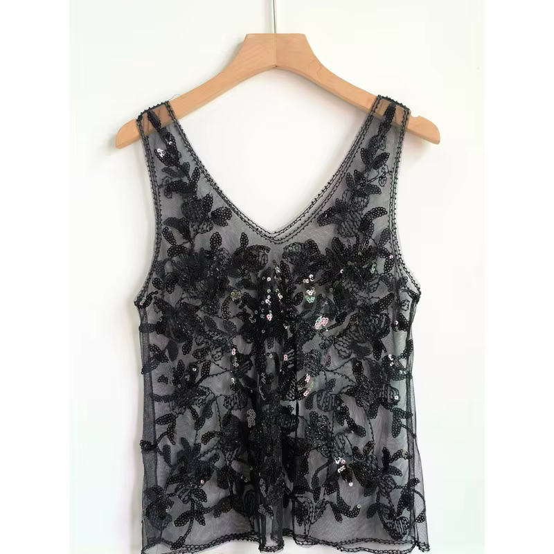Paillettes perles Style français 2025 été nouveau gilet sans manches coupe ajustée Perspective Sexy Chic Ins mince débardeur ample