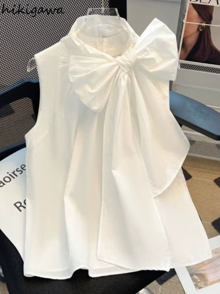Chemisier blanc pour femmes 2025 Blusas Mujer De Moda pansement nœud sans manches chemises amples mode doux été Blouses hauts femme