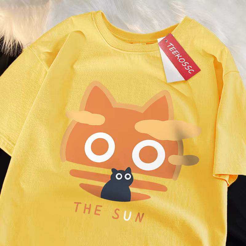 Le soleil Orange chat amusant Style japonais homme coton col rond T-Shirt été ample surdimensionné vêtements de haute qualité marque à manches courtes