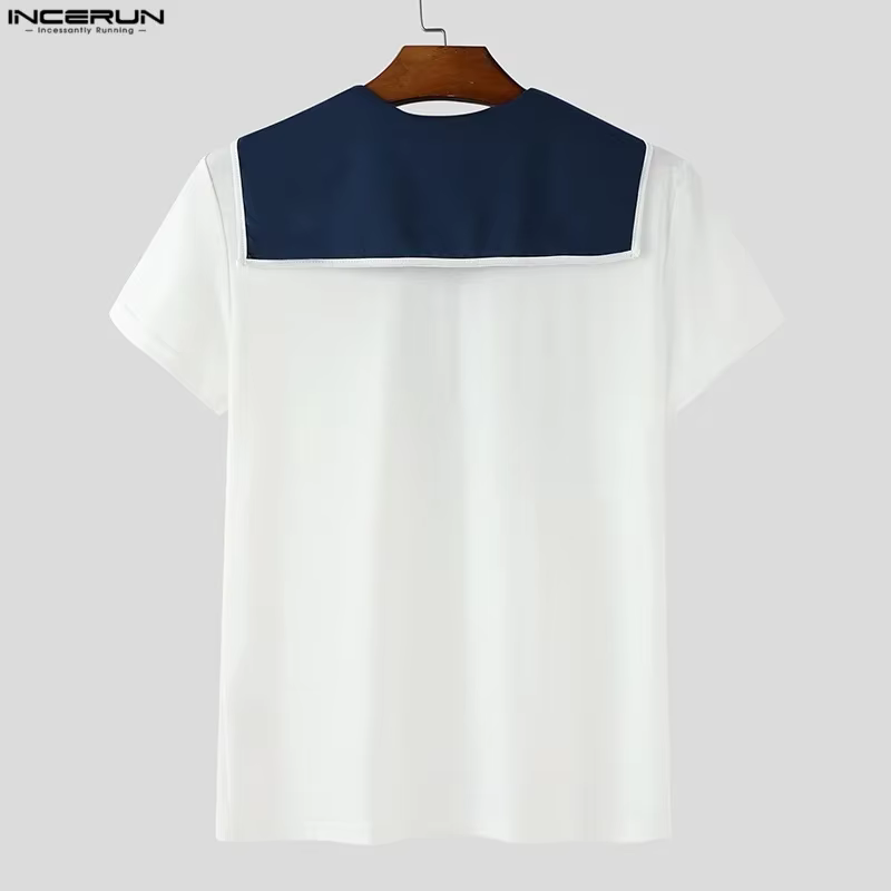 INCERUN hommes t-shirt Patchwork été col marine à manches courtes