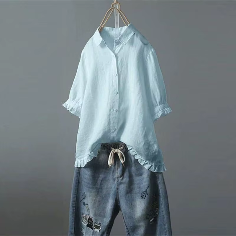 Chemise en coton et lin à manches courtes pour femme