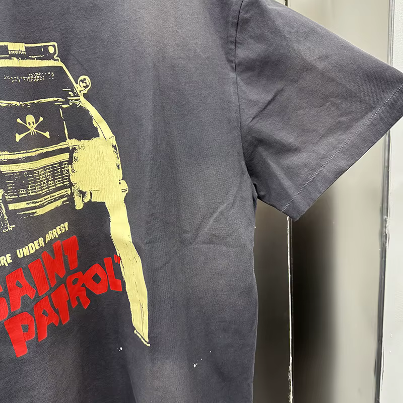 SAINT PATOROL T-shirt vintage à col rond surdimensionné avec logo crânes imprimé voiture