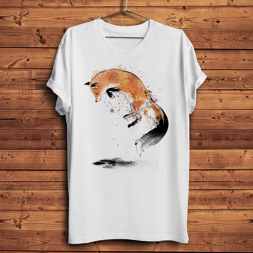 Aquarelle renard rouge drôle naturel t-shirt hommes à manches courtes col rond décontracté anime