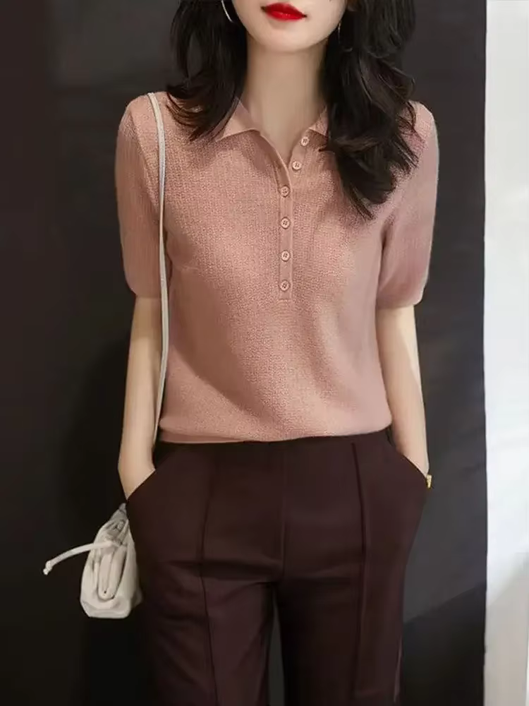 Chemise à col Polo pour femmes bouton uni femme T Slim vêtements