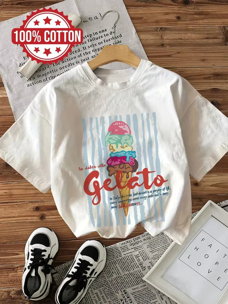 Sweet Life Ice Cream - T-shirt confortable à manches courtes et col rond avec imprimé de dessins animés pour l'été
