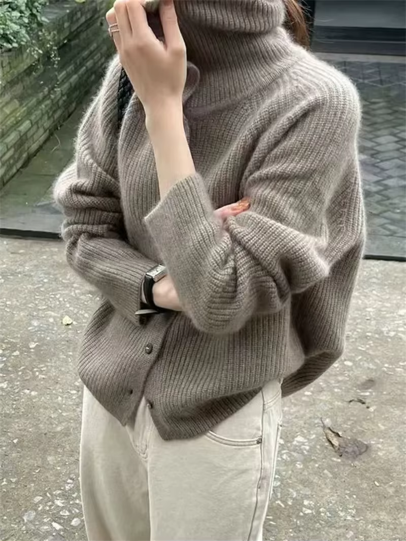 Chemise tricotée à col roulé pour Femme, Pull ample à manches longues, Cardigan de tempérament, manteau à revers, Pull à bascule, hiver