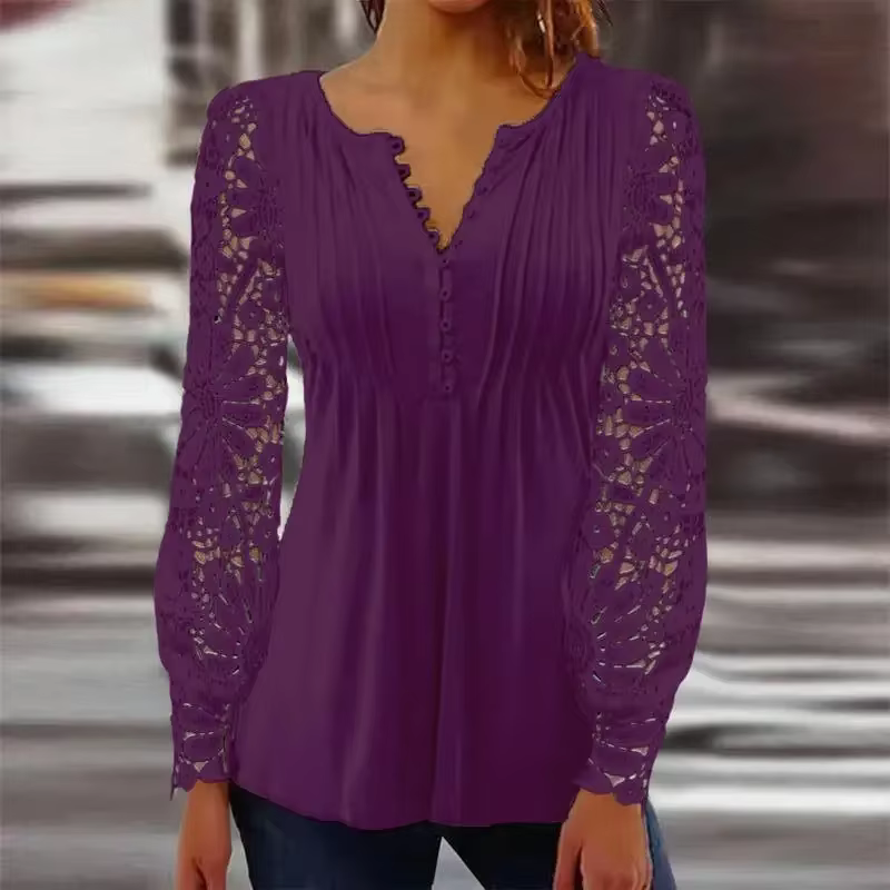 Chemisier plissé en dentelle à manches longues pour femmes