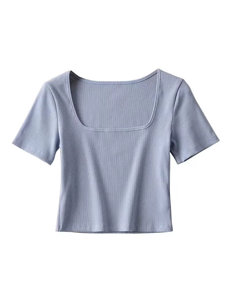 T-shirt court côtelé à col carré pour femmes, haut court à manches courtes