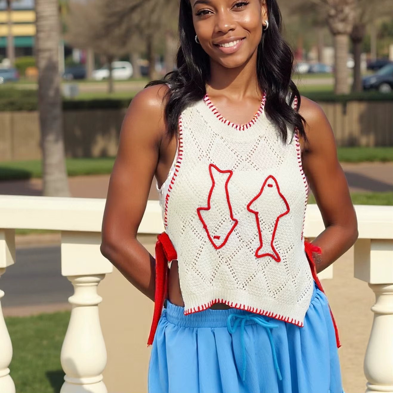 Femmes mignon graphique pull gilet Y2K léger sans manches tricot gilet hauts côtelé Crochet pull pull débardeur