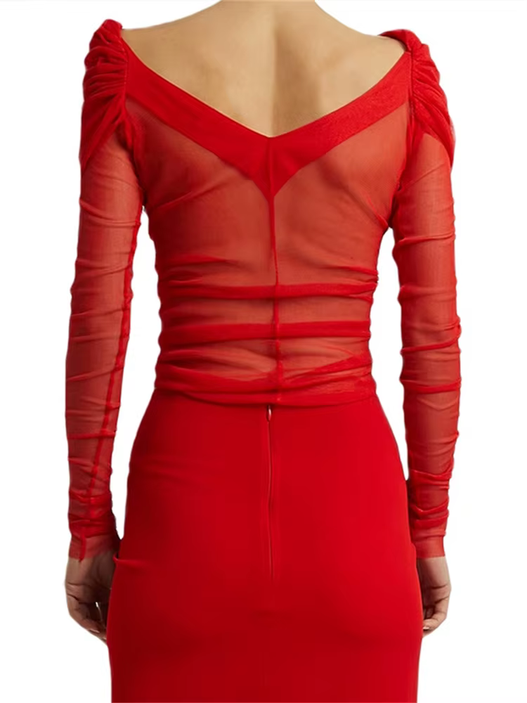 Femmes chemises courtes manches longues épaules dénudées hauts plissés décontracté élégant Sexy maille pure Blouse