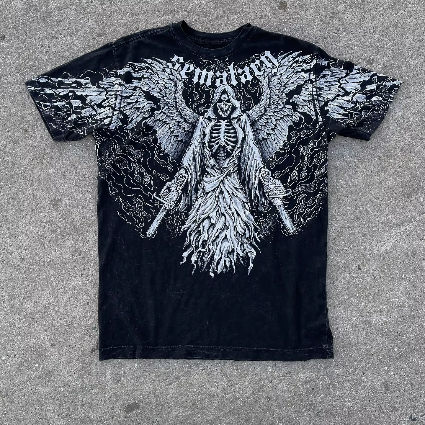 Graffiti Style gothique T-Shirt hommes américain Vintage multi-éléments haute rue surdimensionné coton unisexe été haut