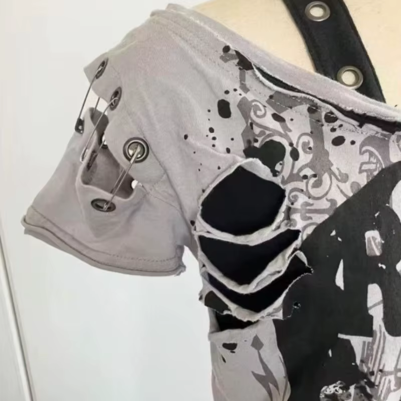 T-shirts Gothiques à Manches Courtes, Motifs Têtes de Mort, Style Décontracté Punk Hip Hop Urbain, T-shirt Femme Tendance, T-shirts Graphiques, Vêtements Vintage Années 2000, Hauts pour Femmes