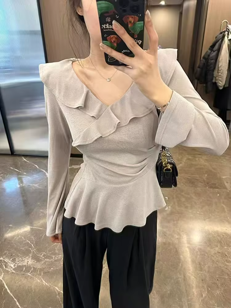 T-Shirt à manches longues et col en v pour femme