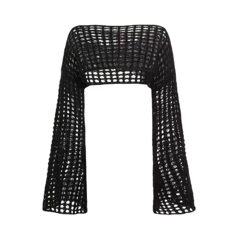 Printemps été court évider pull en tricot nouveau manches évasées couleur unie pulls Streetwear haut pour femme