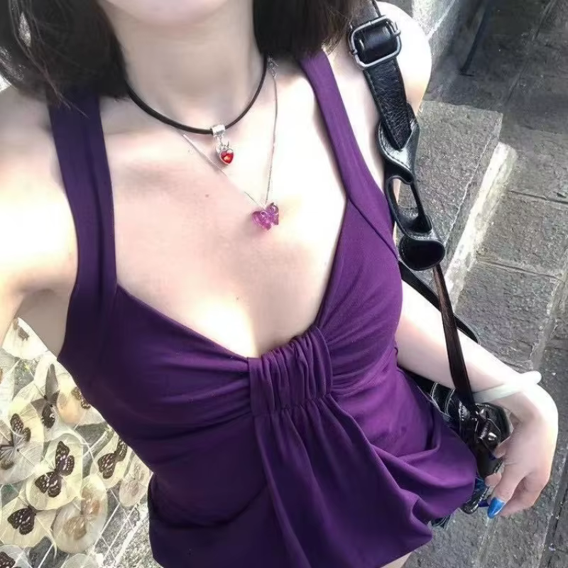 Débardeurs licou violets sexy à col en V sans manches