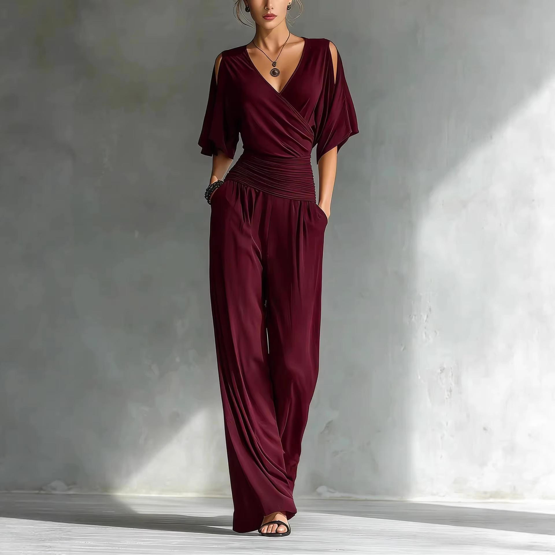 Combinaison Femme Col V Manches Courtes Taille Ample Coupe Ajustée Nouvelle Collection Été Tendance