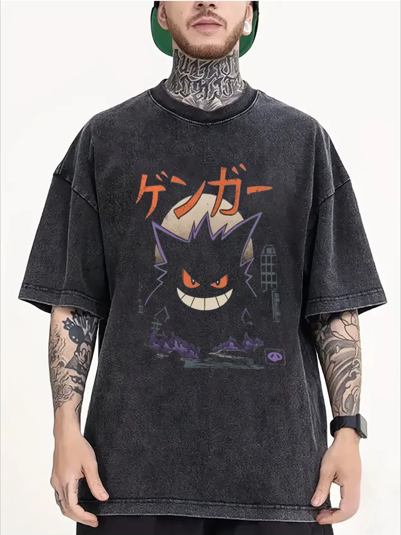T-shirt imprimé Pokémon Gengar en pur coton pour homme – Collection été 2026 – Mode oversize décontractée Y2K – Vêtements streetwear