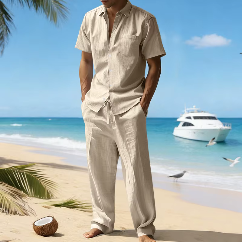 Ensemble chemise à manches courtes en lin et pantalon décontracté pour homme