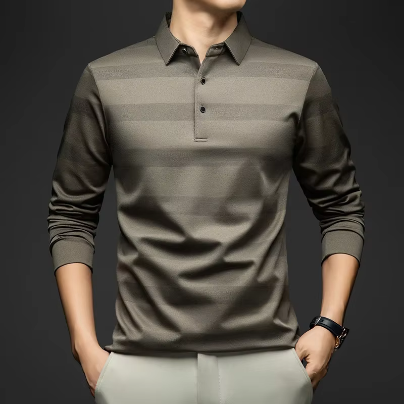 Chemises Polo Élégantes pour Hommes BROWON Printemps Automne 2026 Manches Longues Col Revers Grand Motif Rayé T-shirt Homme Nouveauté dans la catégorie Hauts & T-shirts
