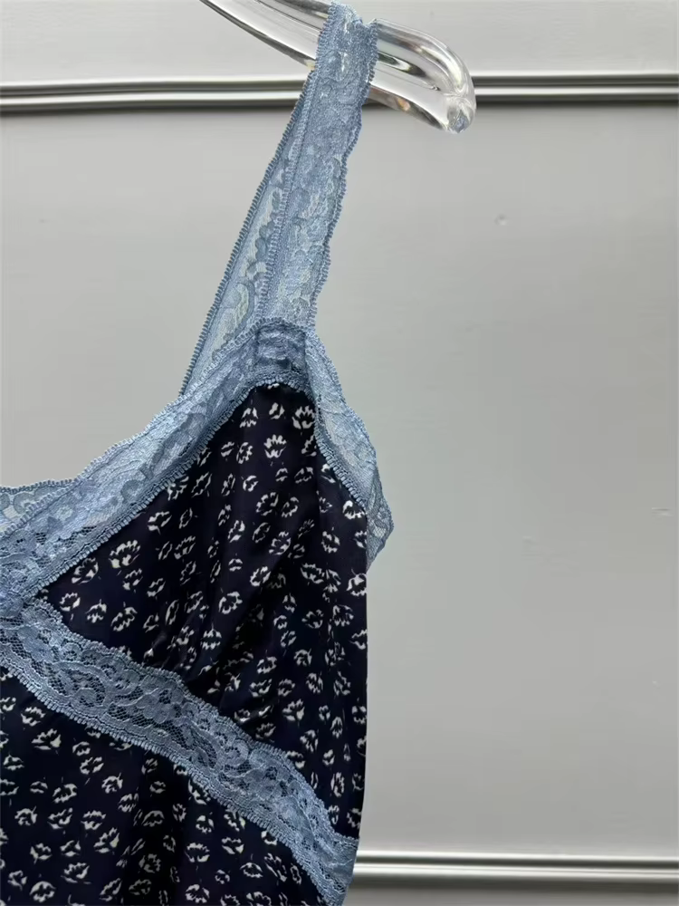 Français 2025 nouvelles femmes Viscose débardeur bleu dentelle couture col en v Sexy dames sangle mince gilet haut