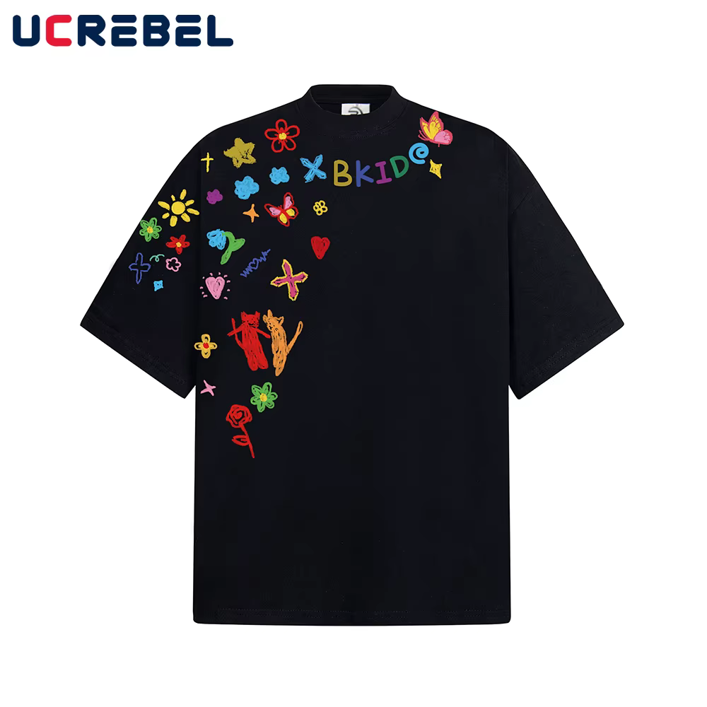 Graffiti imprimé T-shirt à manches courtes hommes dessin animé créatif été haute rue demi-manches col rond coton