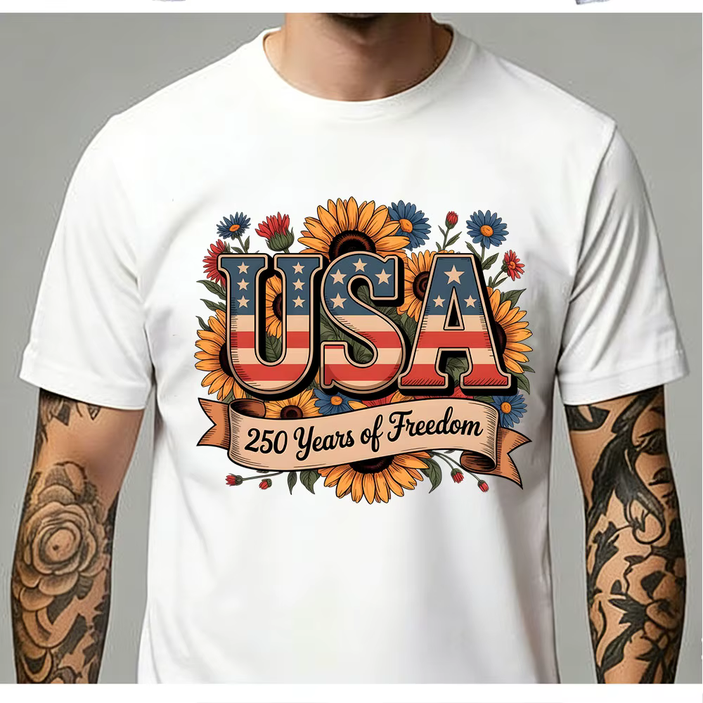 T-shirt patriotique pour homme avec transfert thermocollant USA 250 ans 1776-2026