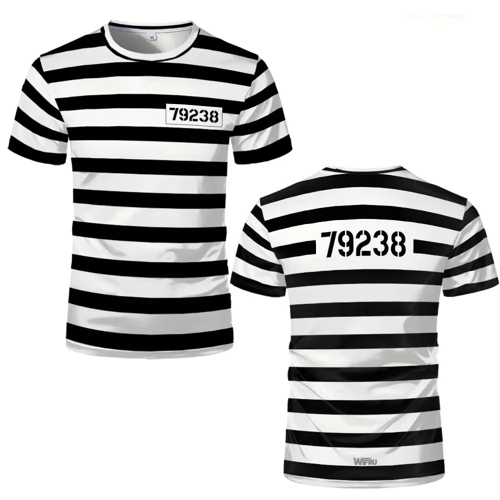 Nouveau T-shirt rayé Prisonnier 2026 Noir et Blanc Thème Prison Amusant et Original Manches Courtes Costumes de Fête Cosplay Homme et Femme