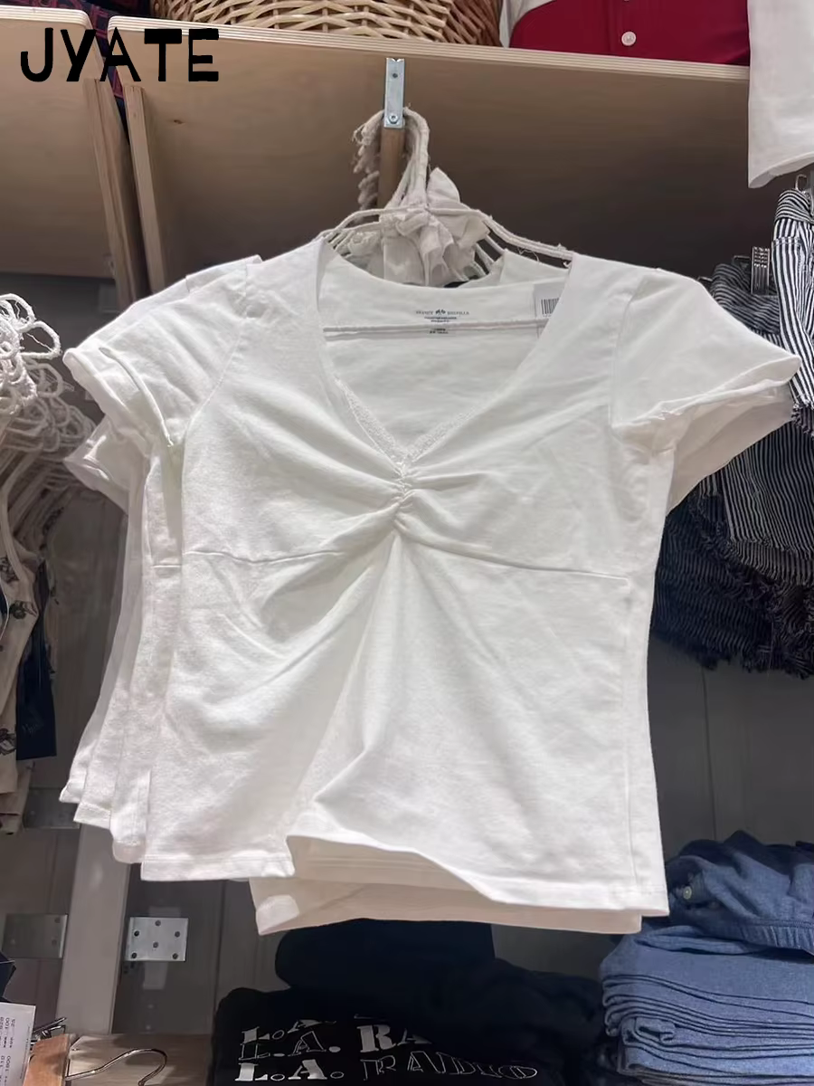 T-shirts courts blancs à nœud en dentelle pour femmes