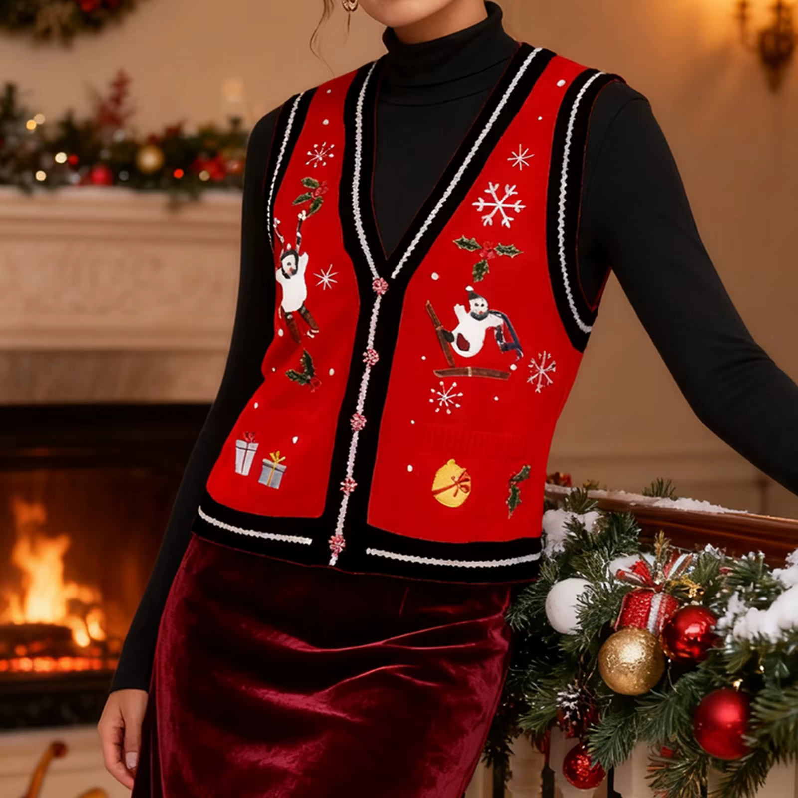 Gilet en tricot brodé de noël pour femmes