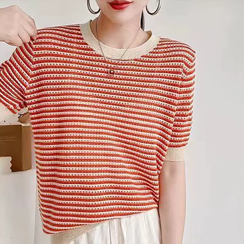T-shirt Pour Femmes Tricoté Évider Mince Rayé