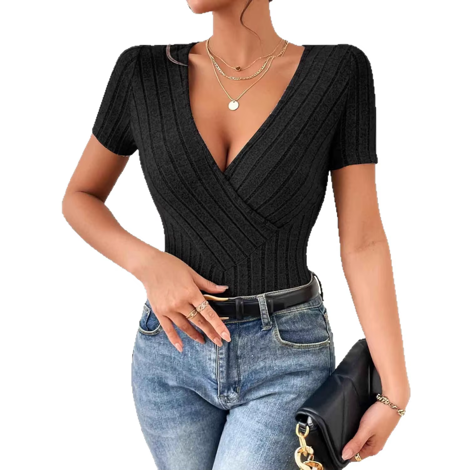 T-shirt élégant pour femme à col en V et manches courtes