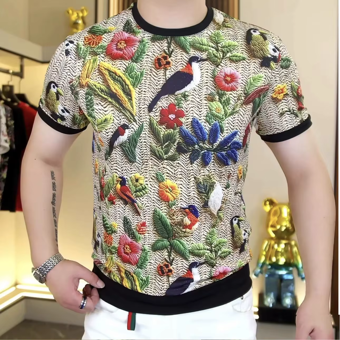 2025 été nid d'abeille maille à manches courtes T-shirt hommes rétro imprimé col rond