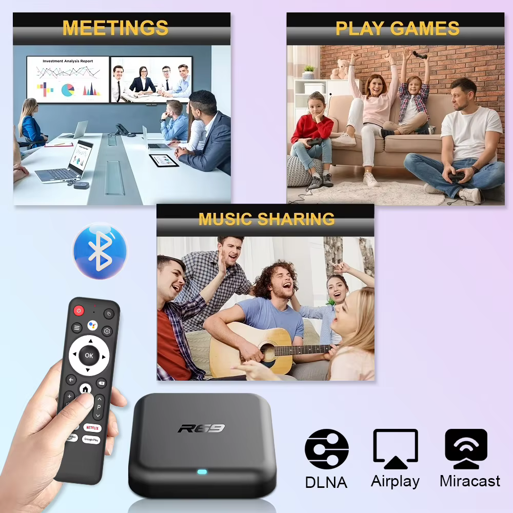 Boîtier TV Android 14 R69-1 Double Wi-Fi 2.4G/5G BT5.0 Lecteur Multimédia 4K UHD HDR 2 Go RAM 16 Go ROM Décodeur Intelligent Divertissement à Domicile