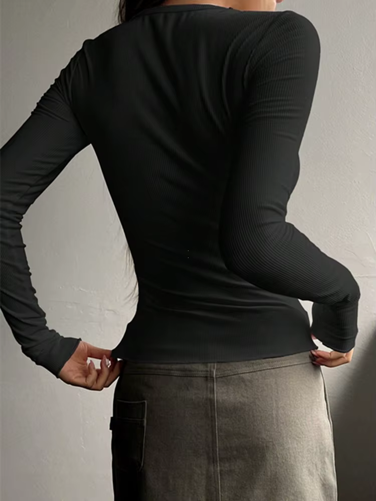 T-shirt côtelé uni à demi-bouton sur le devant pour femmes