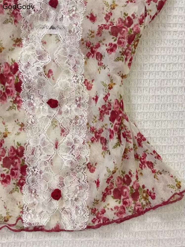 2025 été femme Floral licou dentelle Blouse 2025 Vintage Sexy Slim Fit fée mode coréenne