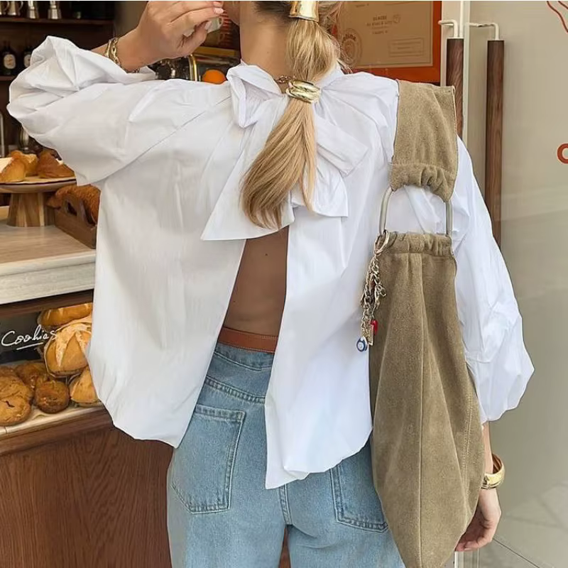 Chemisier blanc à manches bouffantes style français pour femme