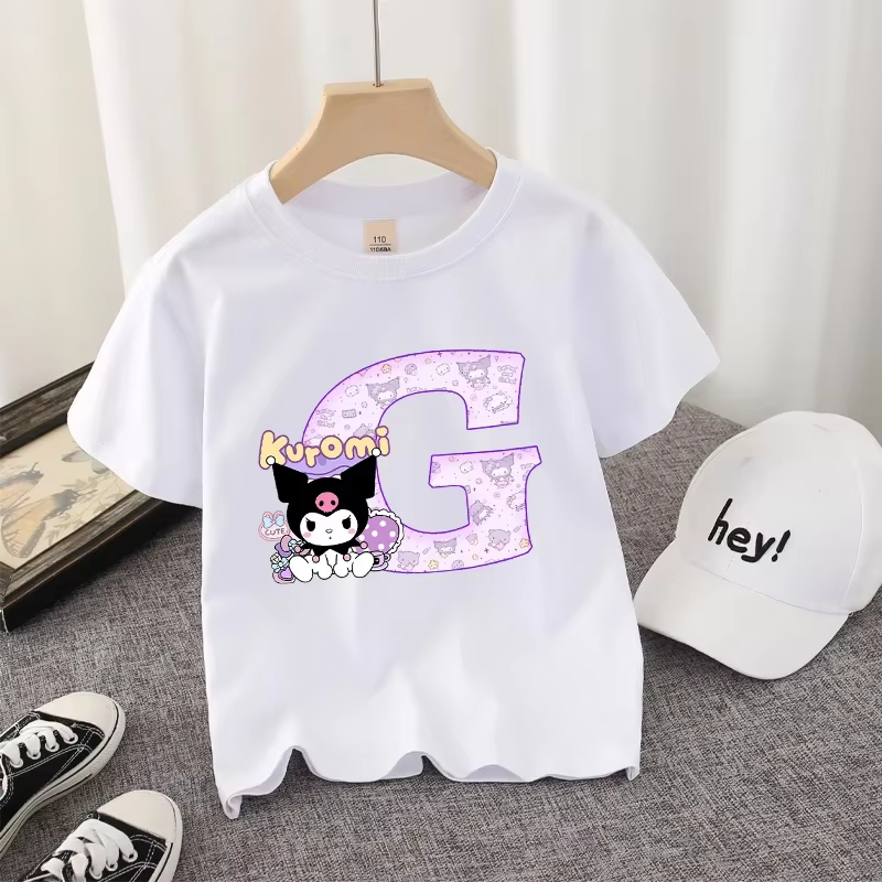 T-shirt fille mignon Kuromi en coton Sanrio Kawaii avec lettres imprimées, vêtements décontractés pour enfants, streetwear, vêtements pour filles, manches courtes